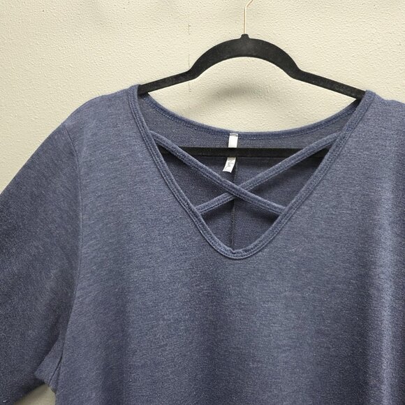 Voll Shirt Womens 3XL Blue Criss Cross V Neck 3/4 Sleeve Tunic Swing Pocket Top - Picture 2 of 8